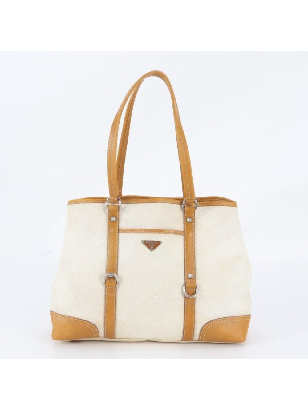 Prada White Tag Triangle Logo Leather Tote Bag Shoulder Hand Beige